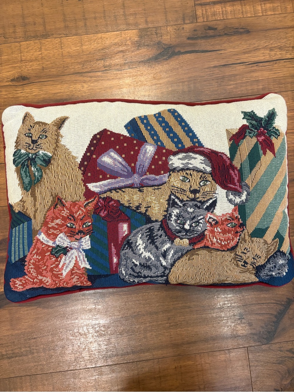 Vintage Tapestry Cats Christmas Pillow 12” X 17” Presents Holiday Kitties